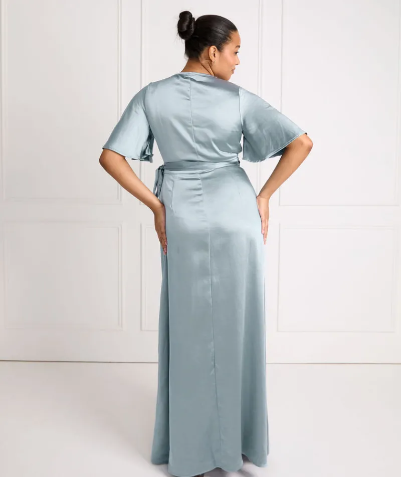 Discount Six Stories Wrap Tie Satin Bridesmaid Dress - Dusty Blue