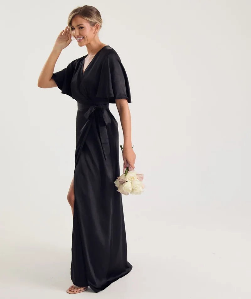 Best Six Stories Wrap Tie Satin Bridesmaid Dress - Black