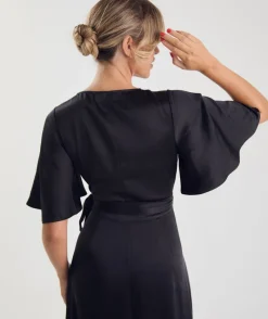 Best Six Stories Wrap Tie Satin Bridesmaid Dress - Black
