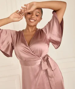 Clearance Six Stories Wrap Tie Satin Bridesmaid Dress - Rose