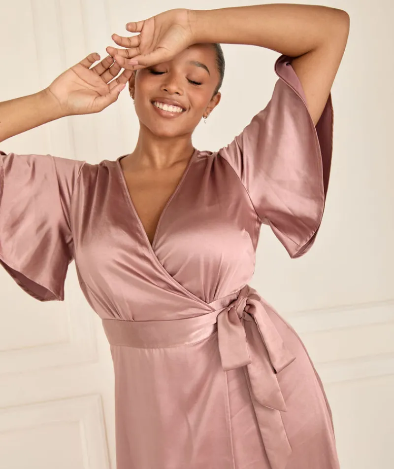 Clearance Six Stories Wrap Tie Satin Bridesmaid Dress - Rose