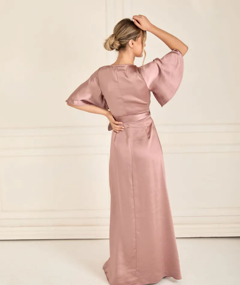 Clearance Six Stories Wrap Tie Satin Bridesmaid Dress - Rose