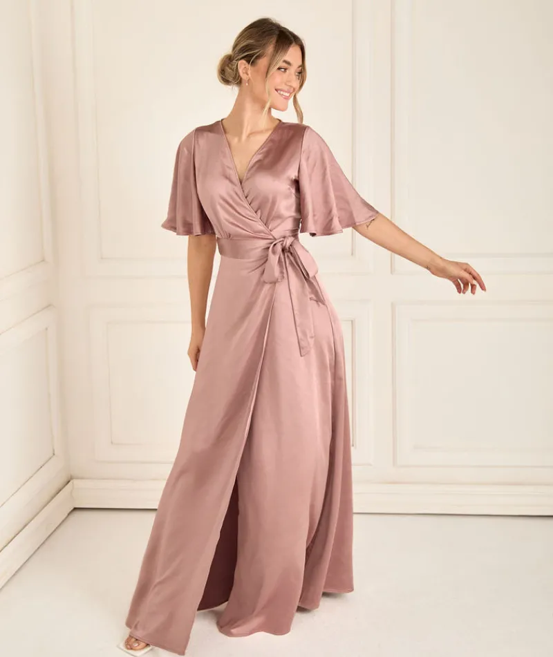 Clearance Six Stories Wrap Tie Satin Bridesmaid Dress - Rose