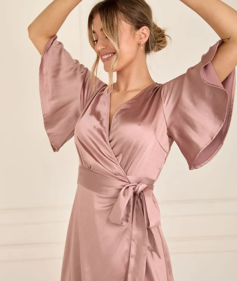 Clearance Six Stories Wrap Tie Satin Bridesmaid Dress - Rose