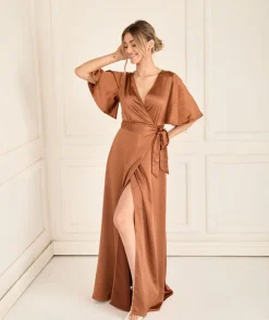 Six Stories Wrap Tie Satin Bridesmaid Dress - Rust