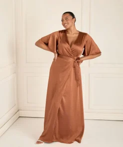 Six Stories Wrap Tie Satin Bridesmaid Dress - Rust